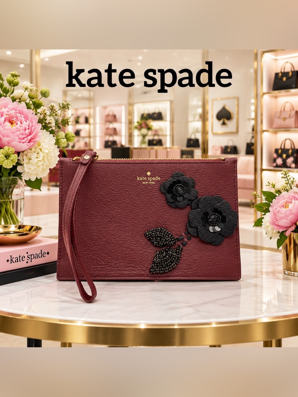 RARE KATE SPADE  Burgundy Wristlet with Black Floral Appliqué